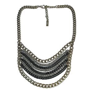Vintage Mika 8 Layer Necklace Goldtone Silvertone Black Cuban Curb Chain Signed